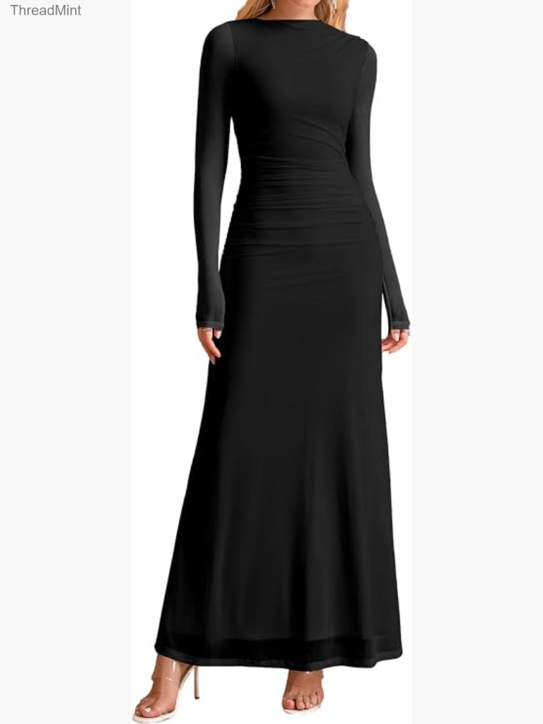 Long Sleeve Bodycon Flowy Maxi Dress Ruched A-Line Wedding Guest Party